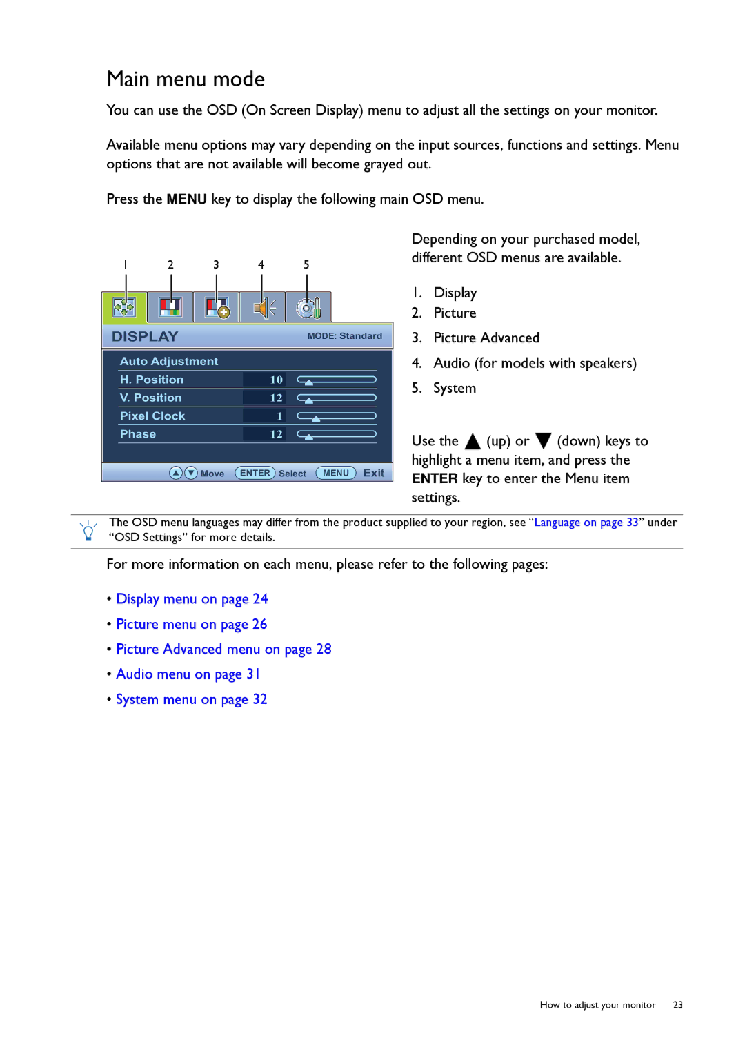 BenQ GW2250, 9H.L8PLB.QPA user manual Main menu mode 