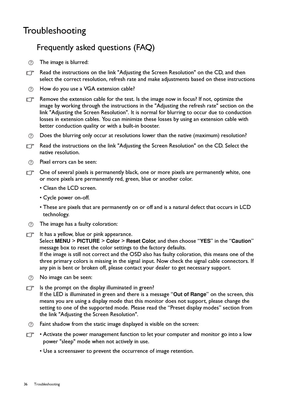 BenQ 9H.L8PLB.QPA, GW2250 user manual Troubleshooting, Frequently asked questions FAQ 