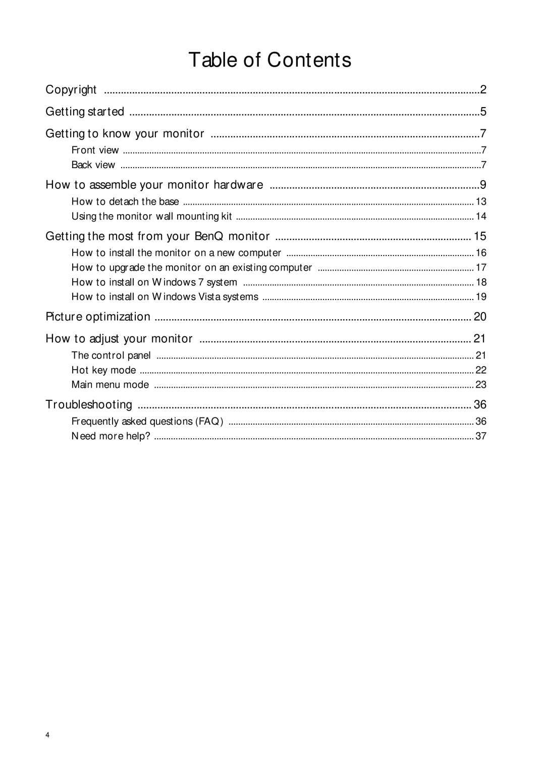 BenQ 9H.L8PLB.QPA, GW2250 user manual Table of Contents 