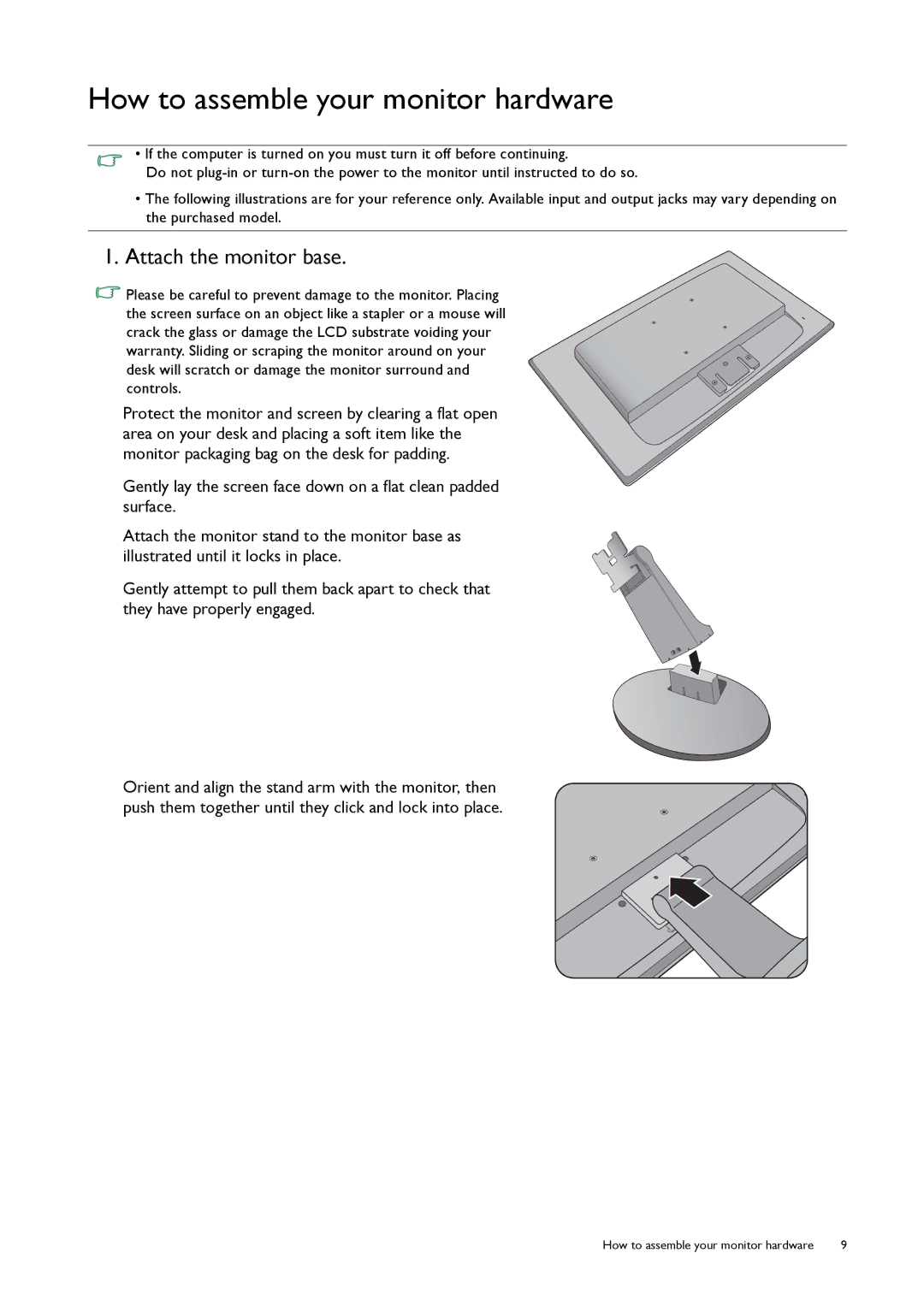 BenQ GW2250, 9H.L8PLB.QPA user manual How to assemble your monitor hardware, Attach the monitor base 