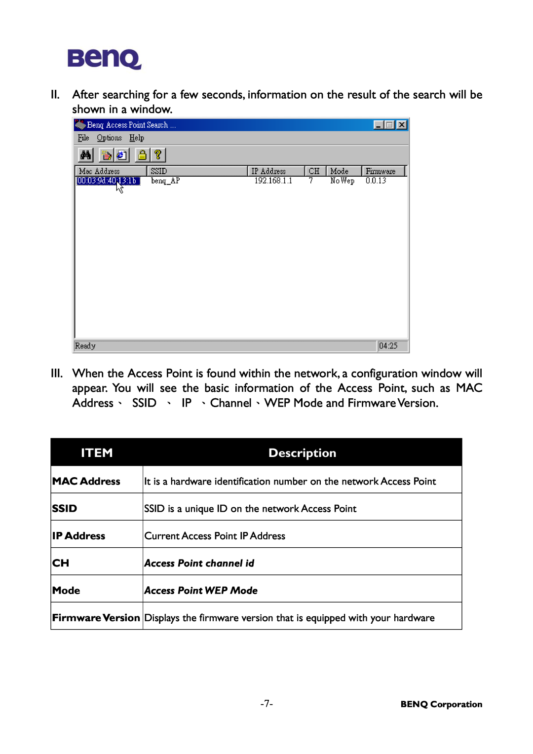 BenQ AWL-500 user manual Description, MAC Address, Ssid, IP Address, Mode, Firmware Version 