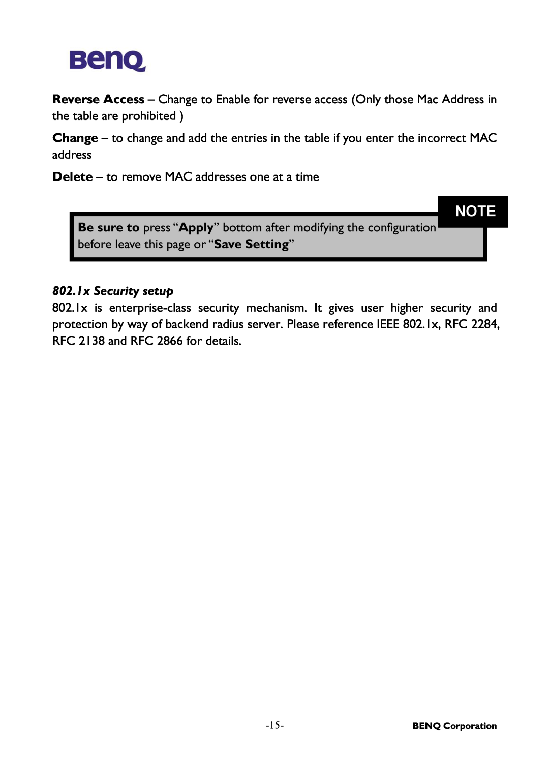 BenQ AWL-500 user manual 802.1x Security setup 