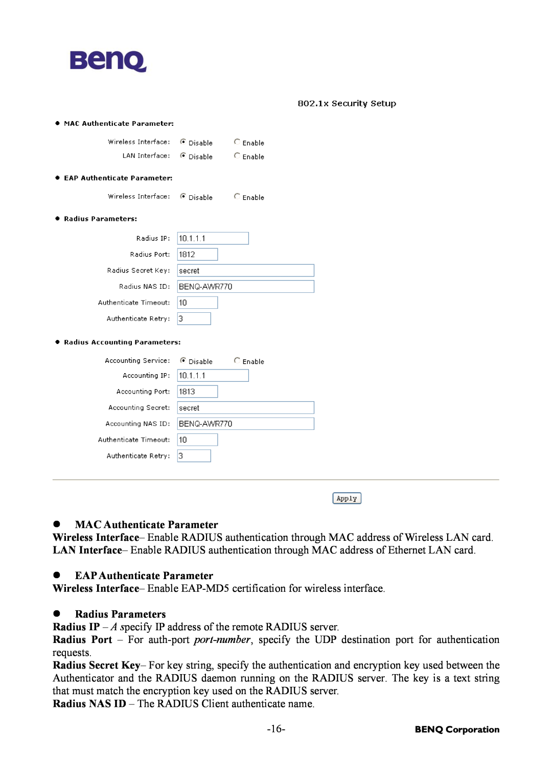 BenQ AWL-500 user manual MAC Authenticate Parameter, EAP Authenticate Parameter, Radius Parameters 