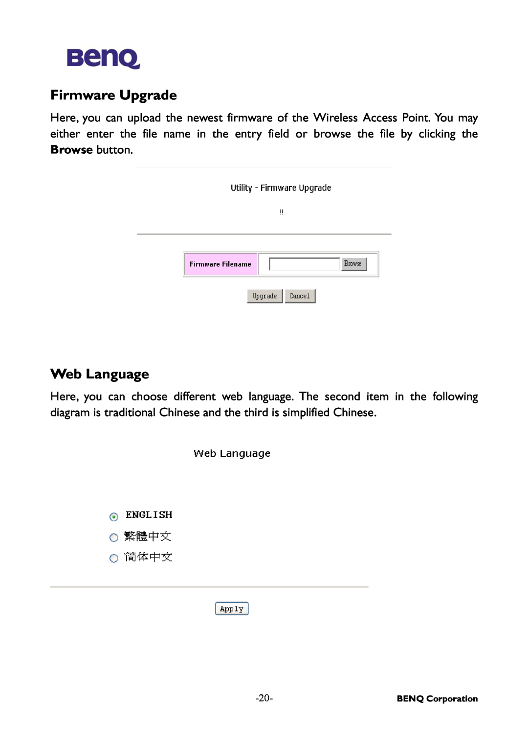 BenQ AWL-500 user manual Firmware Upgrade, Web Language 