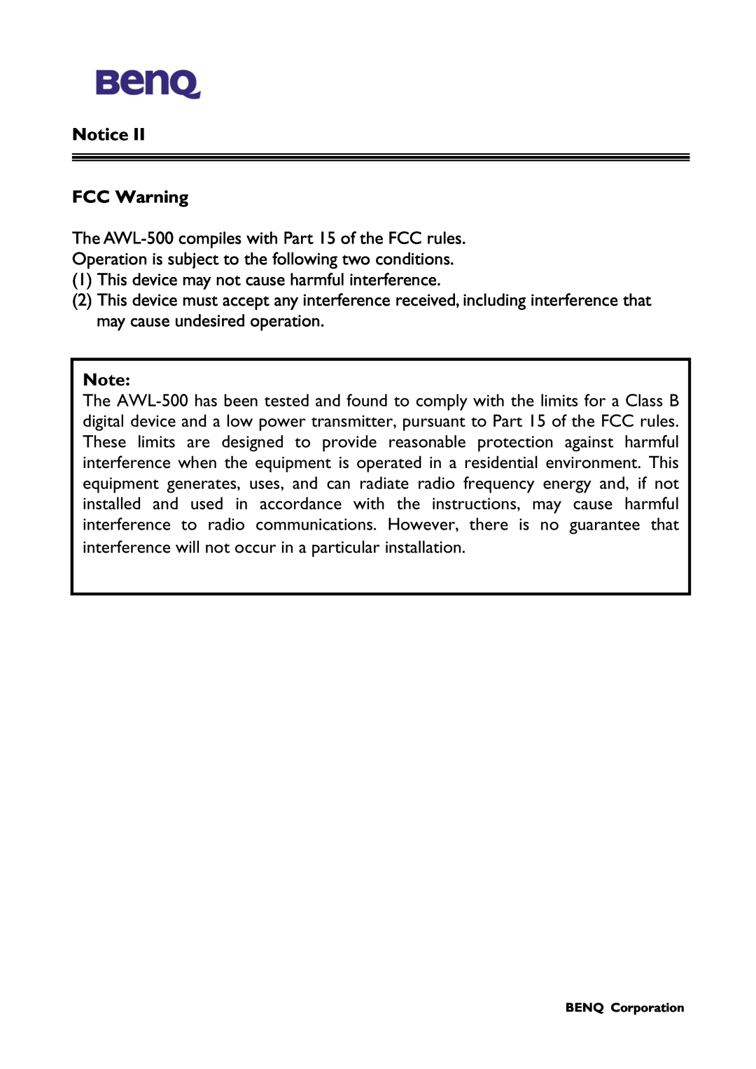 BenQ FCC Warning, The AWL-500 compiles with Part 15 of the FCC rules, This device may not cause harmful interference 