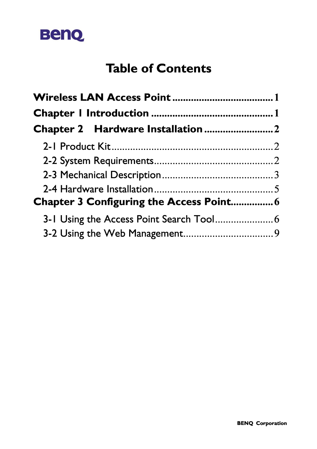 BenQ AWL-500 Chapter, Table of Contents, Hardware Installation, Wireless LAN Access Point, Introduction, Product Kit 