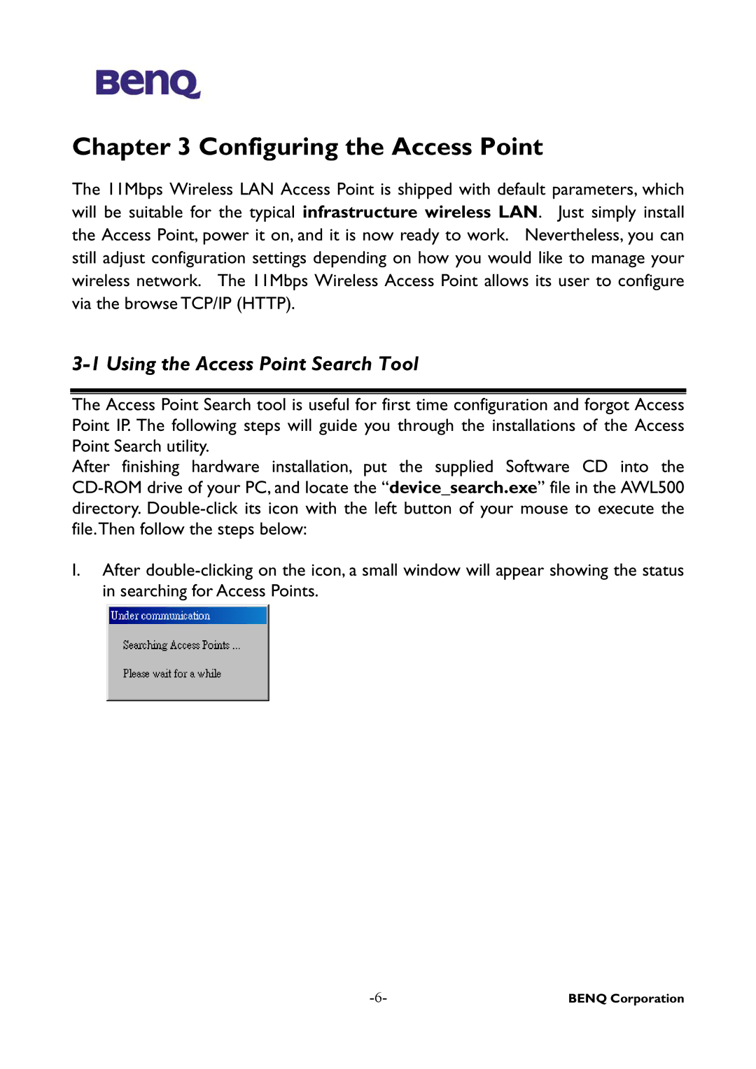 BenQ AWL-500 user manual Configuring the Access Point, Using the Access Point Search Tool 