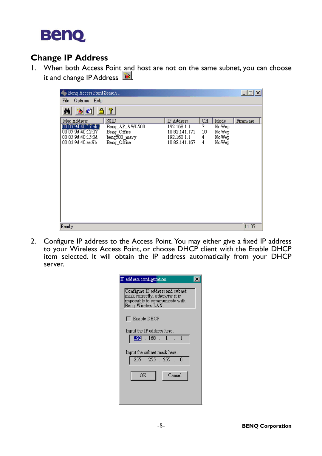 BenQ AWL-500 user manual Change IP Address 