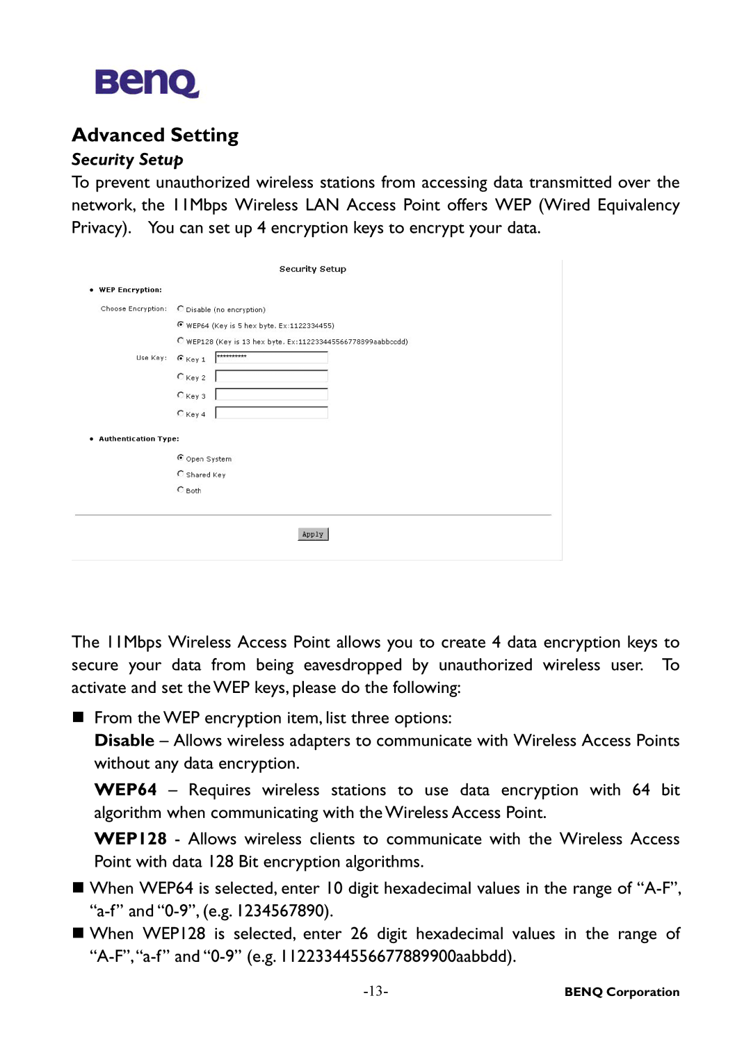 BenQ AWL-500 user manual Advanced Setting, Security Setup 