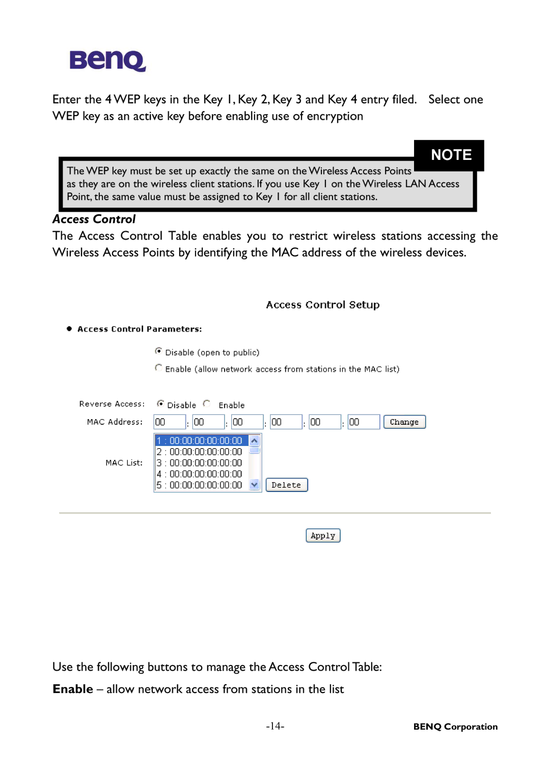 BenQ AWL-500 user manual Access Control 