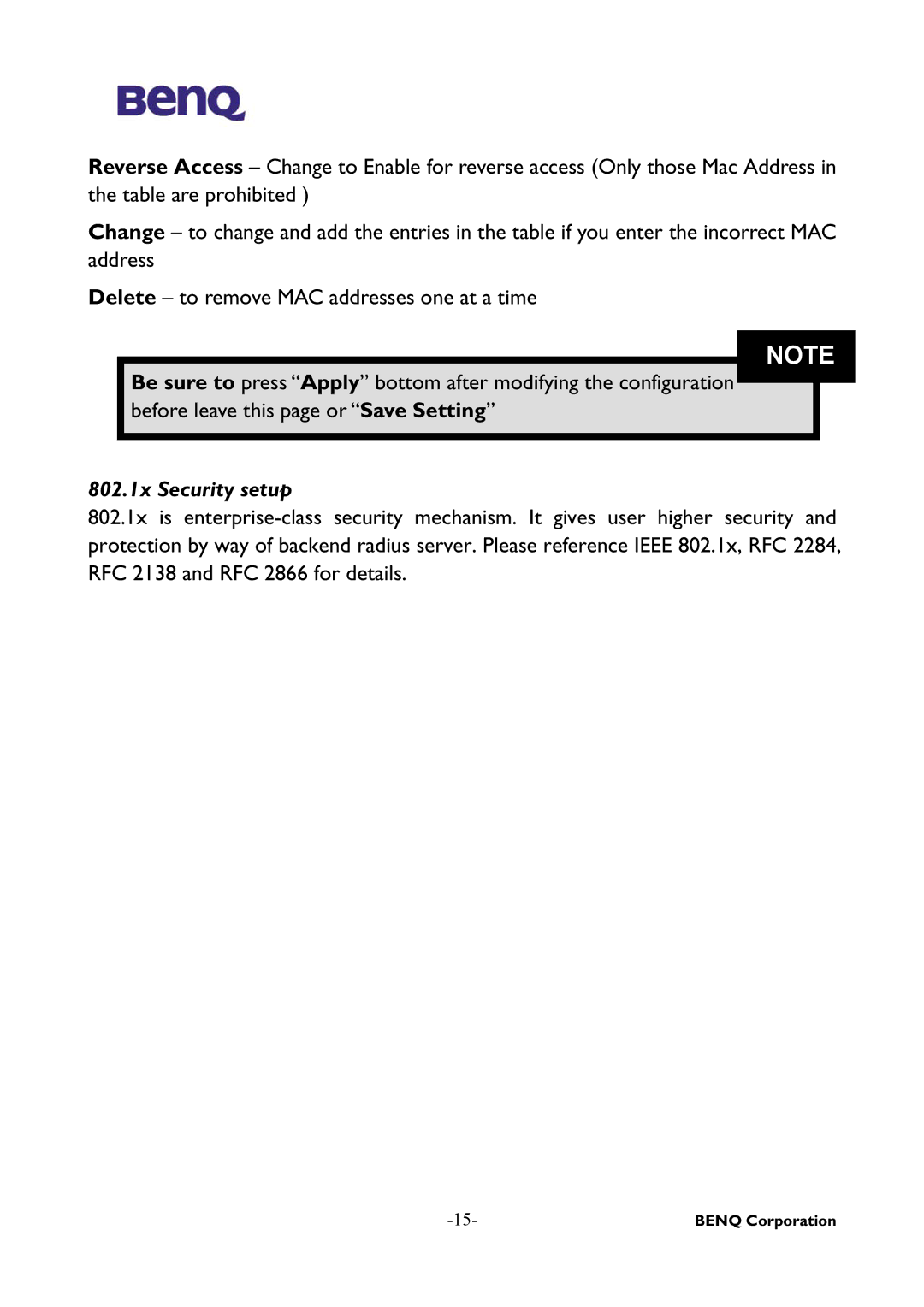 BenQ AWL-500 user manual 802.1x Security setup 