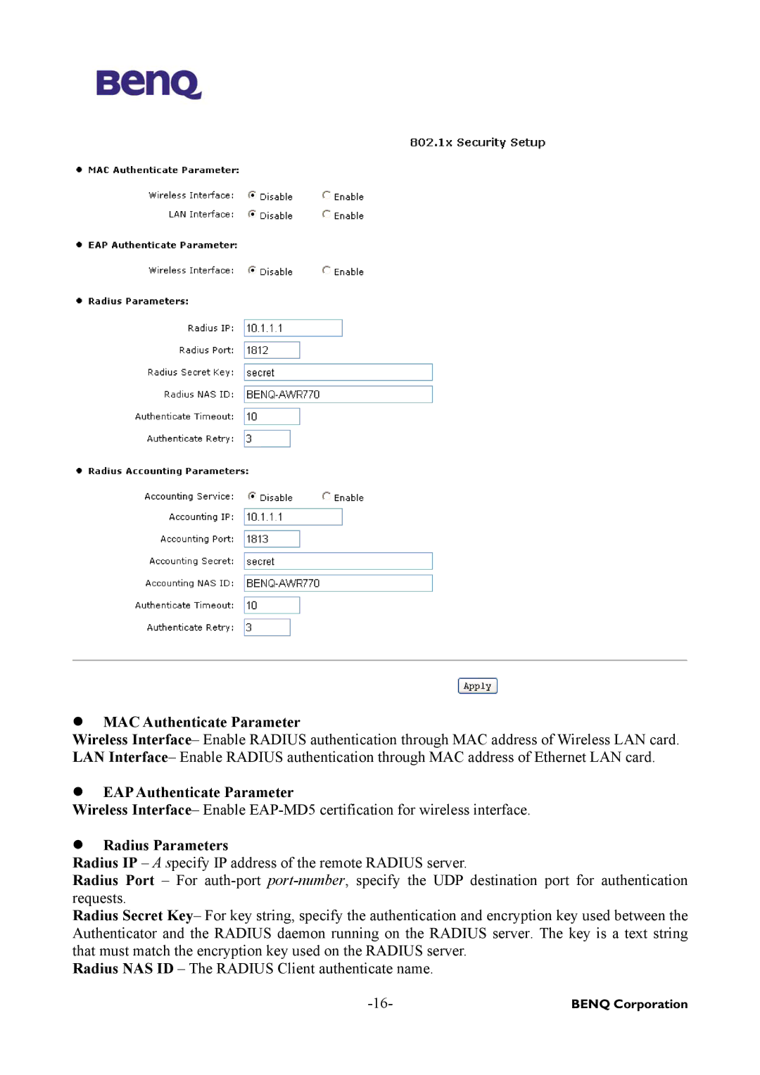 BenQ AWL-500 user manual EAP Authenticate Parameter 