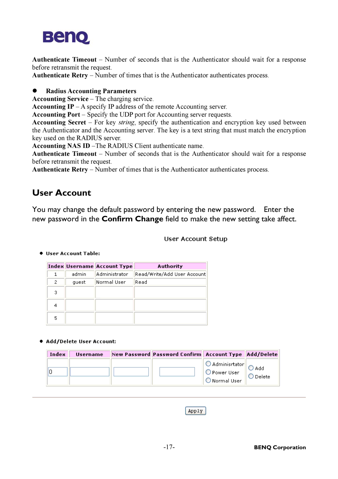 BenQ AWL-500 user manual User Account, Radius Accounting Parameters 