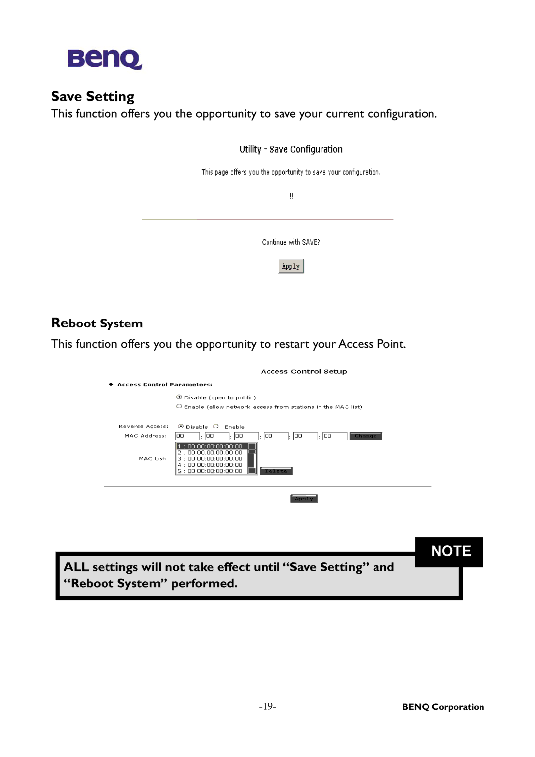 BenQ AWL-500 user manual Save Setting, Reboot System 