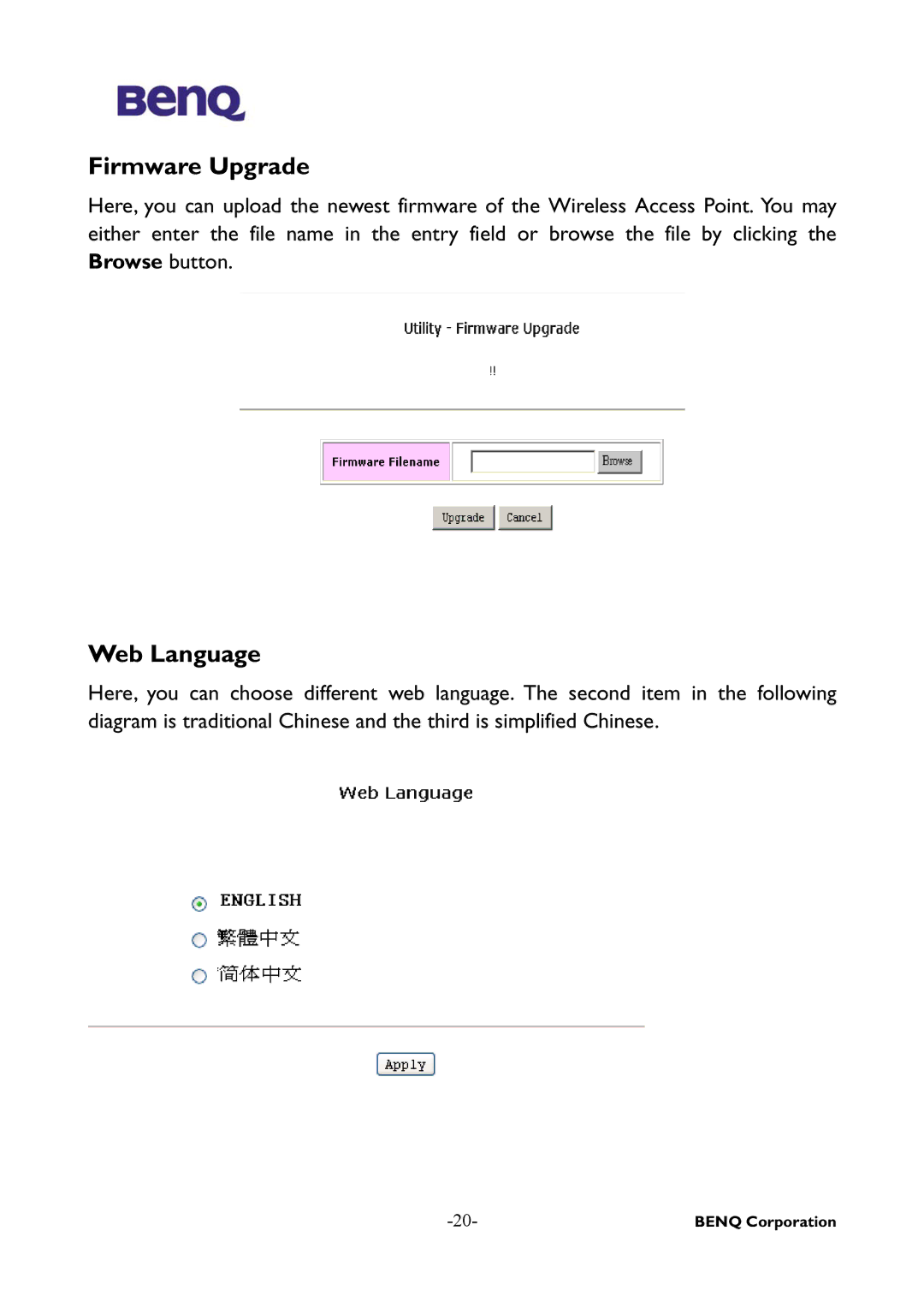 BenQ AWL-500 user manual Firmware Upgrade, Web Language 