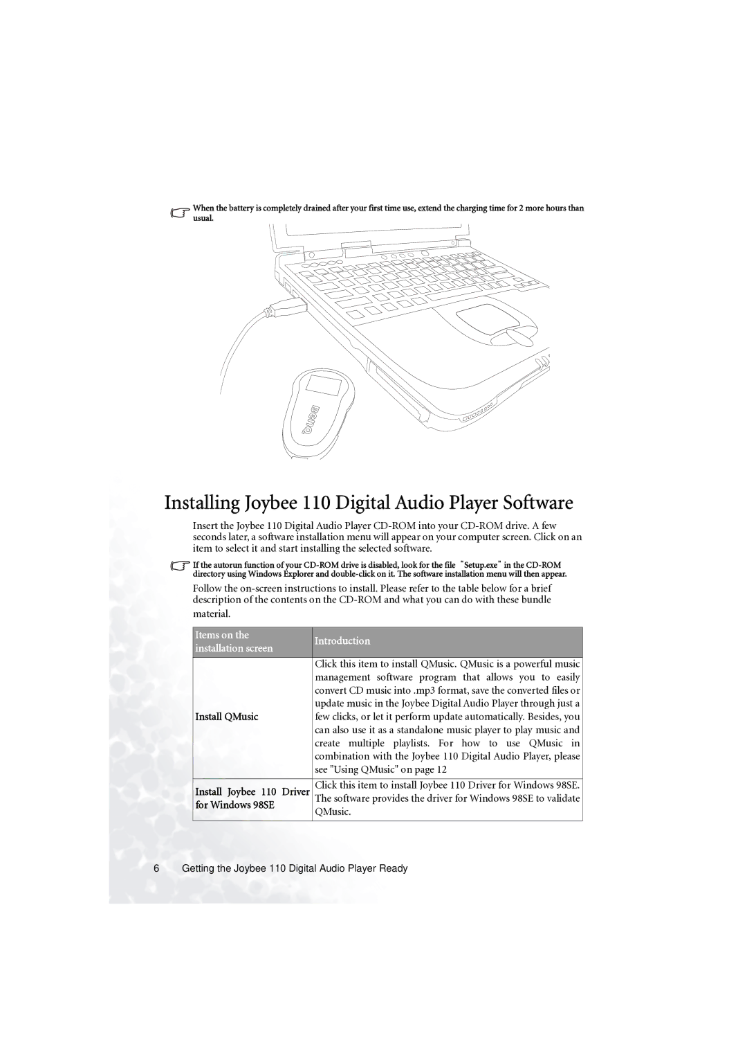 BenQ C110 user manual Installing Joybee 110 Digital Audio Player Software, Install QMusic, Driver 