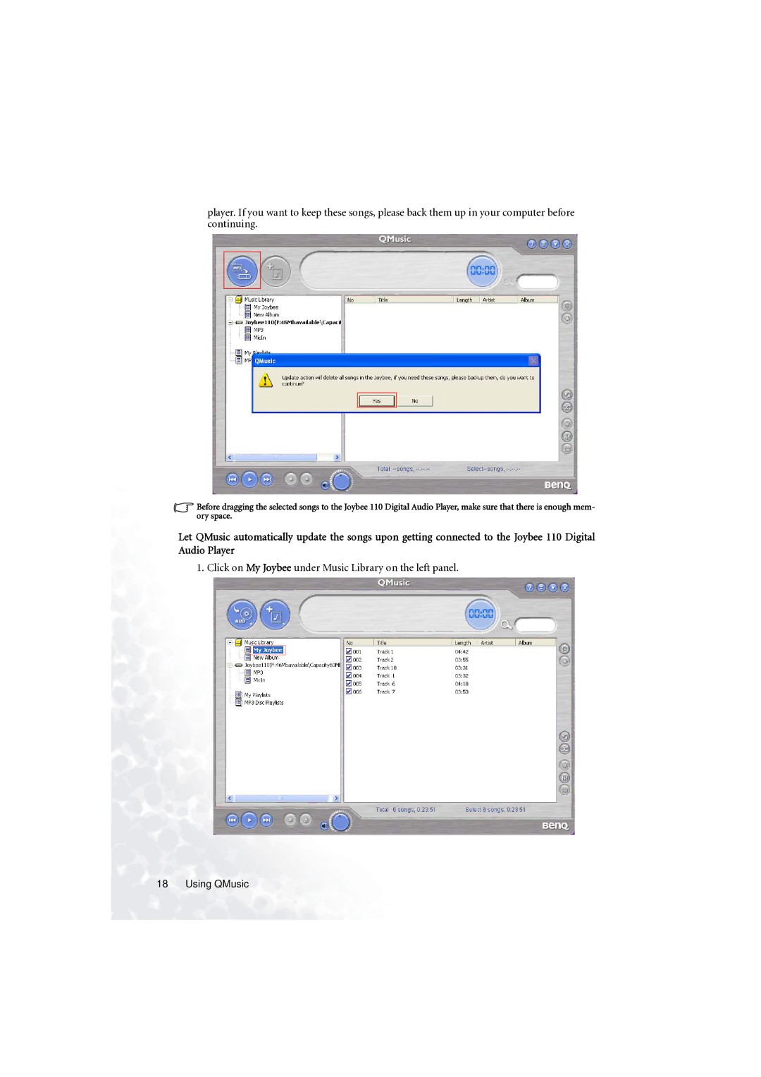 BenQ C110 user manual Click on My Joybee under Music Library on the left panel 