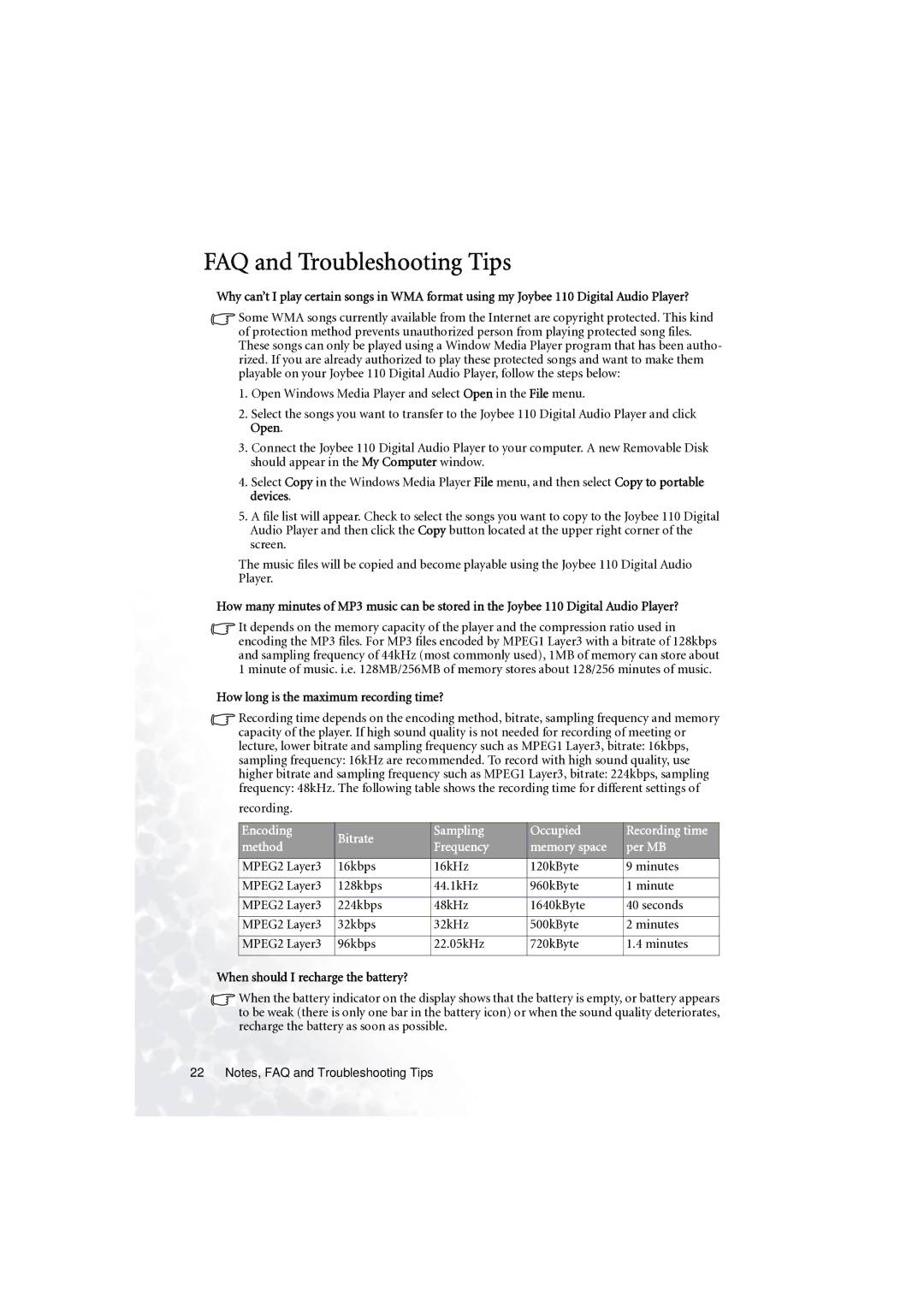 BenQ C110 FAQ and Troubleshooting Tips, How long is the maximum recording time?, When should I recharge the battery? 