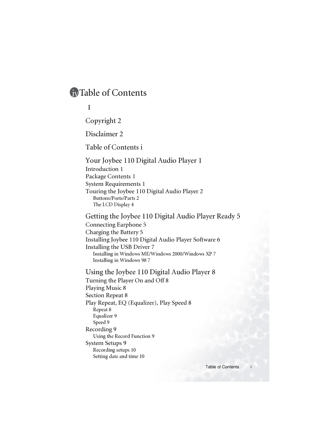 BenQ C110 user manual Table of Contents 