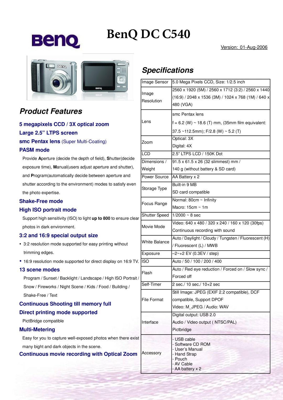 BenQ specifications BenQ DC C540, Product Features, Specifications, PASM mode, Shake-Free mode High ISO portrait mode 