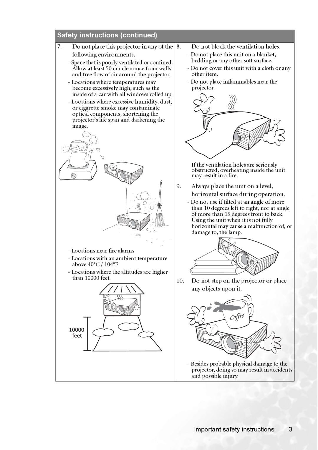 BenQ CP120 Do not block the ventilation holes, Following environments Do not place this unit on a blanket, Other item 