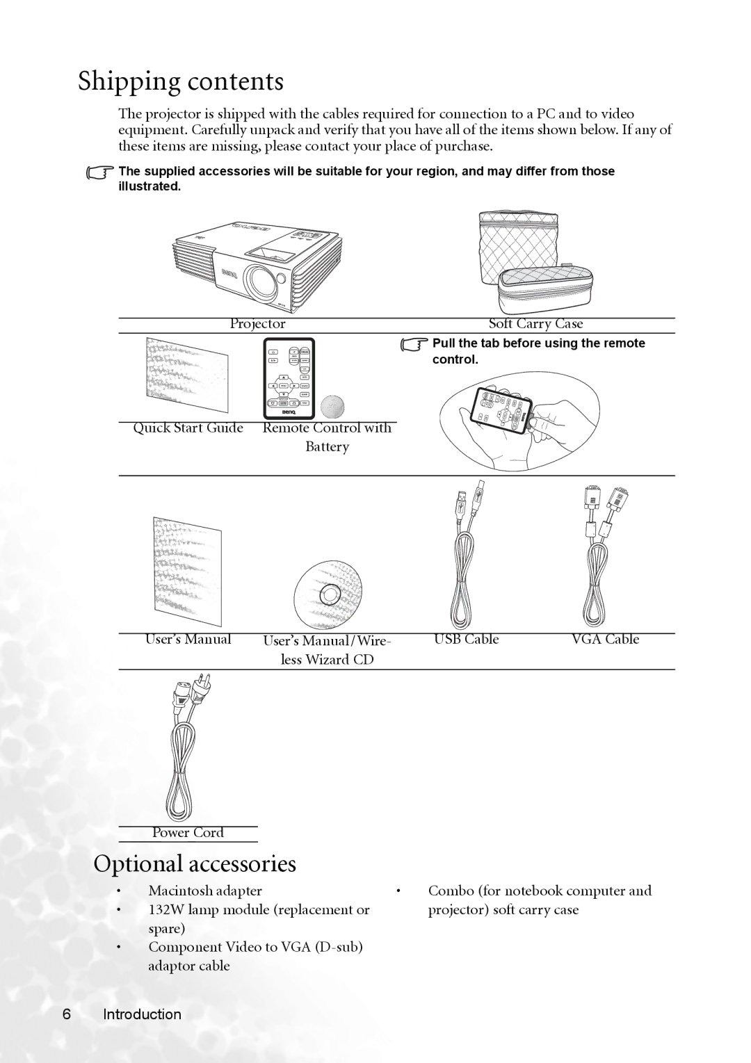 BenQ CP120 manual Shipping contents 