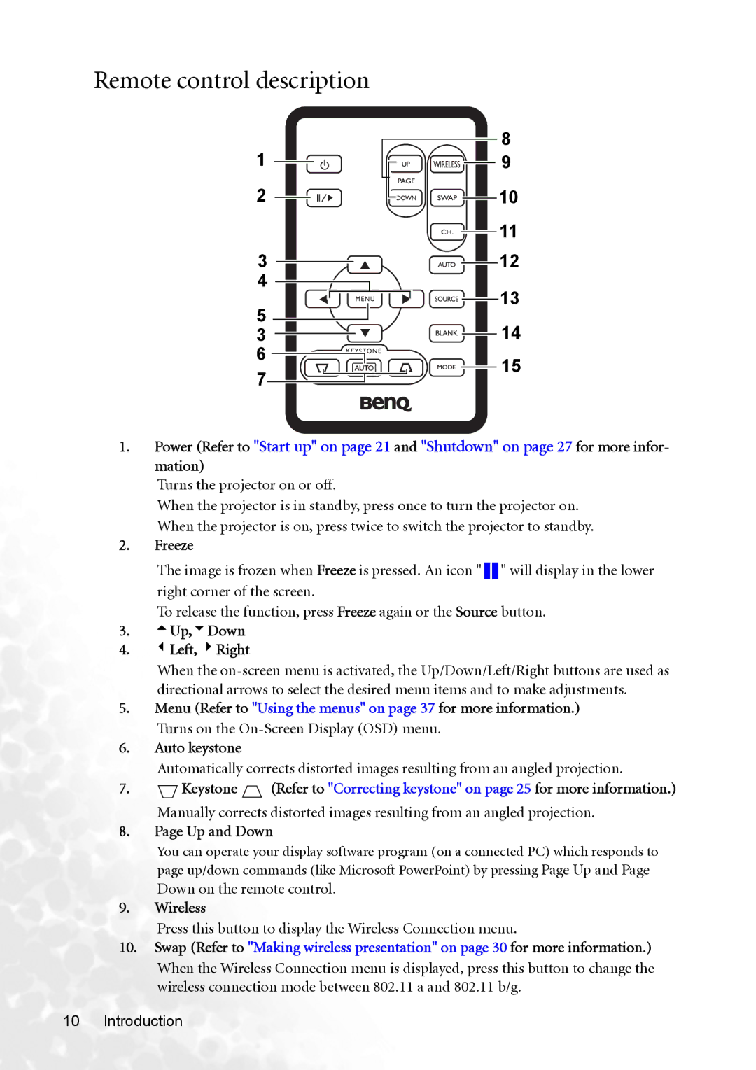 BenQ CP120 manual Remote control description, Turns the projector on or off, Down on the remote control 