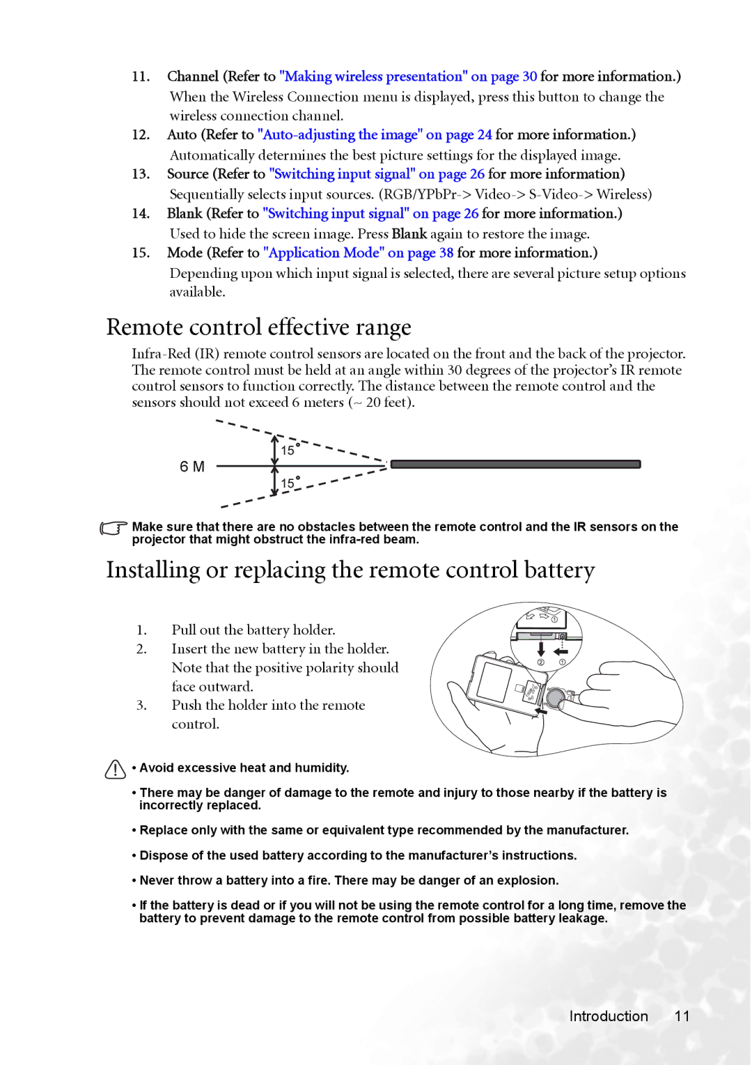 BenQ CP120 manual Remote control effective range, Installing or replacing the remote control battery 