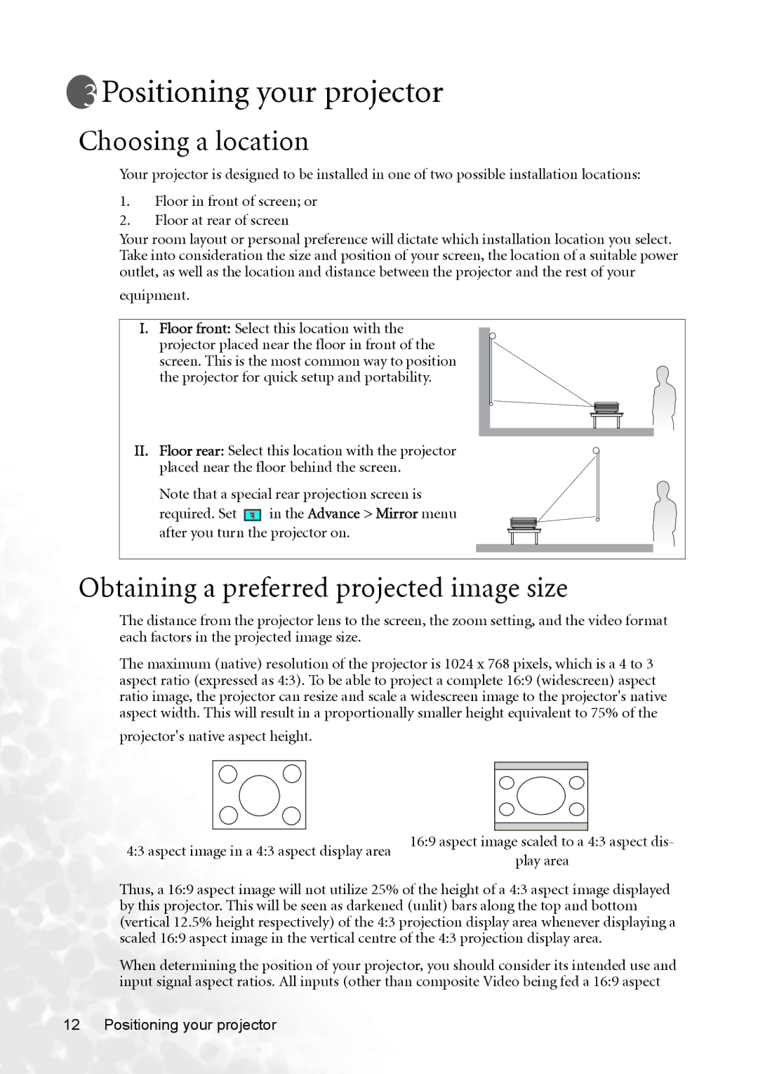 BenQ CP120 manual Positioning your projector, Choosing a location, Obtaining a preferred projected image size, Equipment 