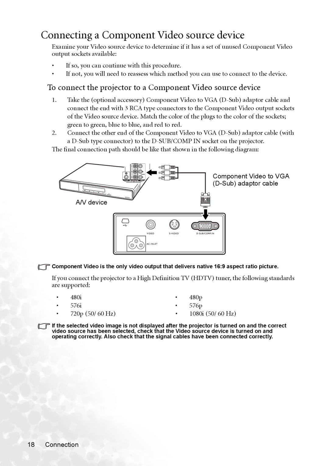 BenQ CP120 manual Connecting a Component Video source device, Component Video to VGA D-Sub adaptor cable Device 