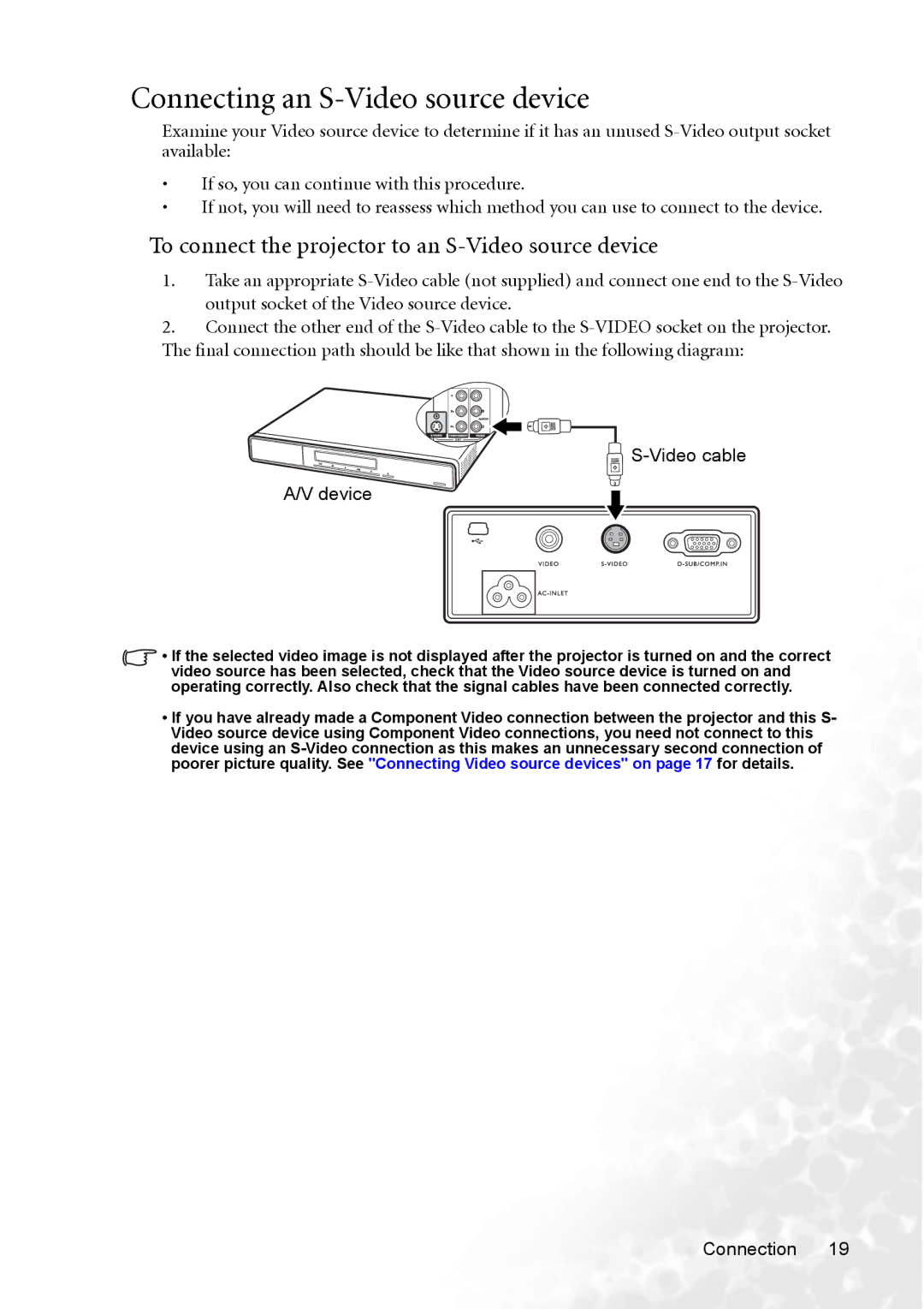 BenQ CP120 manual Connecting an S-Video source device, Video cable Device 