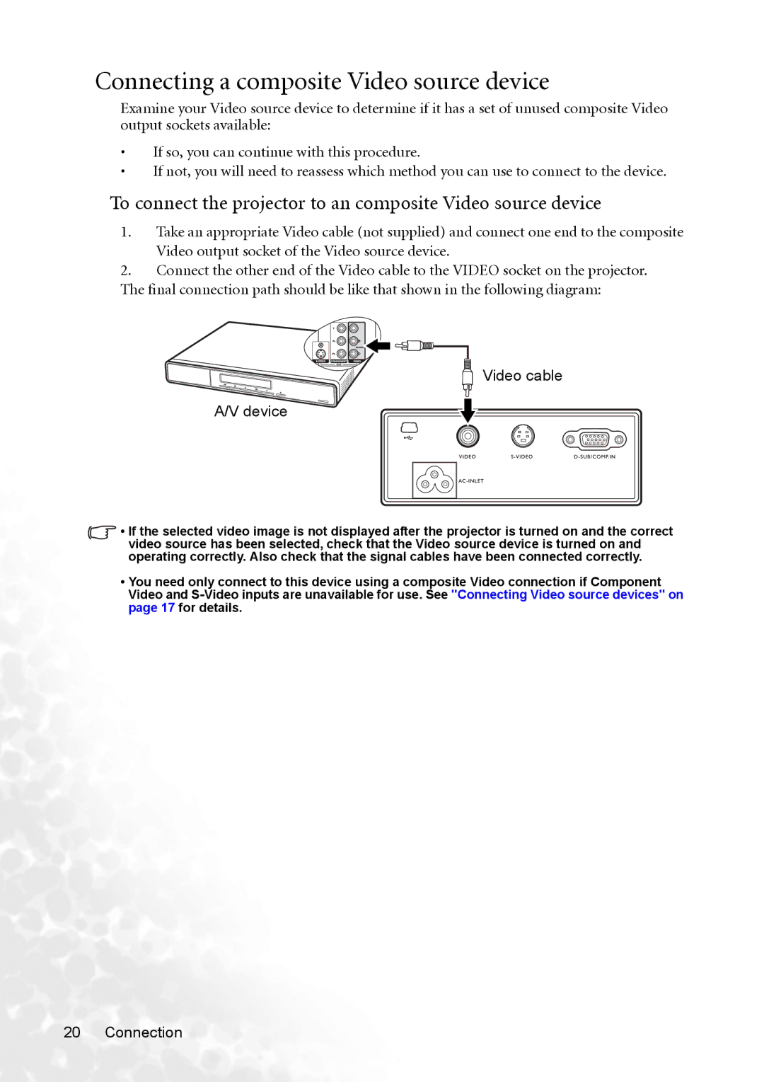 BenQ CP120 manual Connecting a composite Video source device 