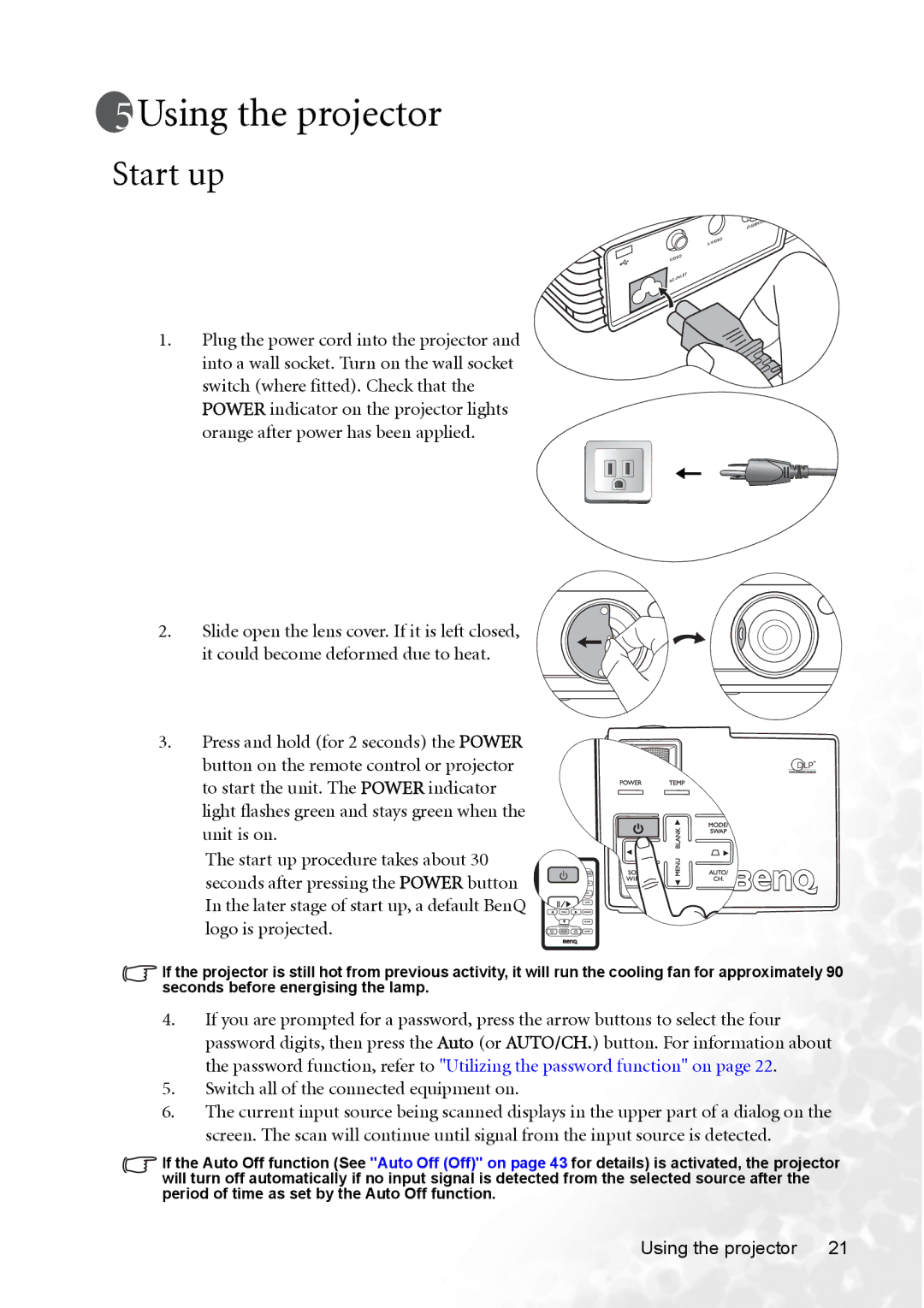 BenQ CP120 manual Using the projector, Start up, Switch all of the connected equipment on 