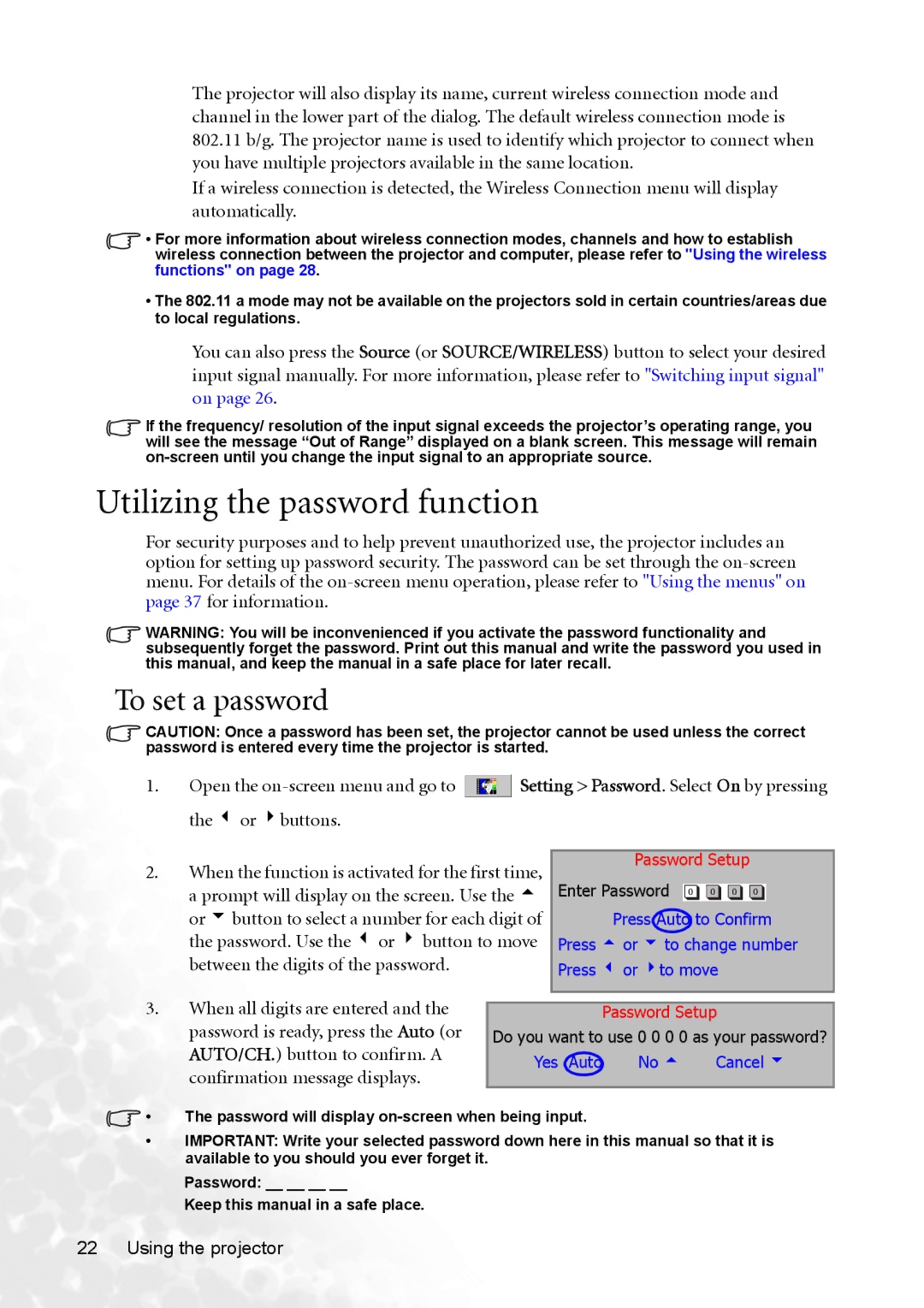 BenQ CP120 manual Utilizing the password function, To set a password 