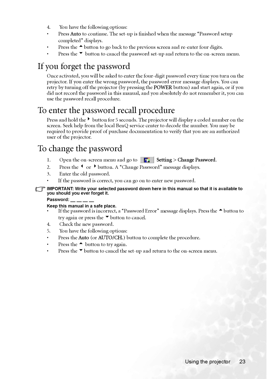 BenQ CP120 manual If you forget the password, To enter the password recall procedure, To change the password 