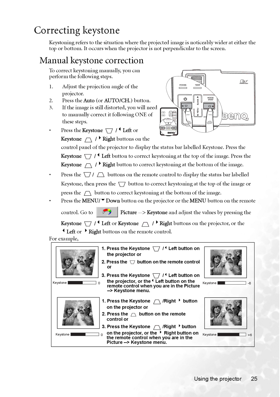 BenQ CP120 manual Correcting keystone, Manual keystone correction, Right buttons on 