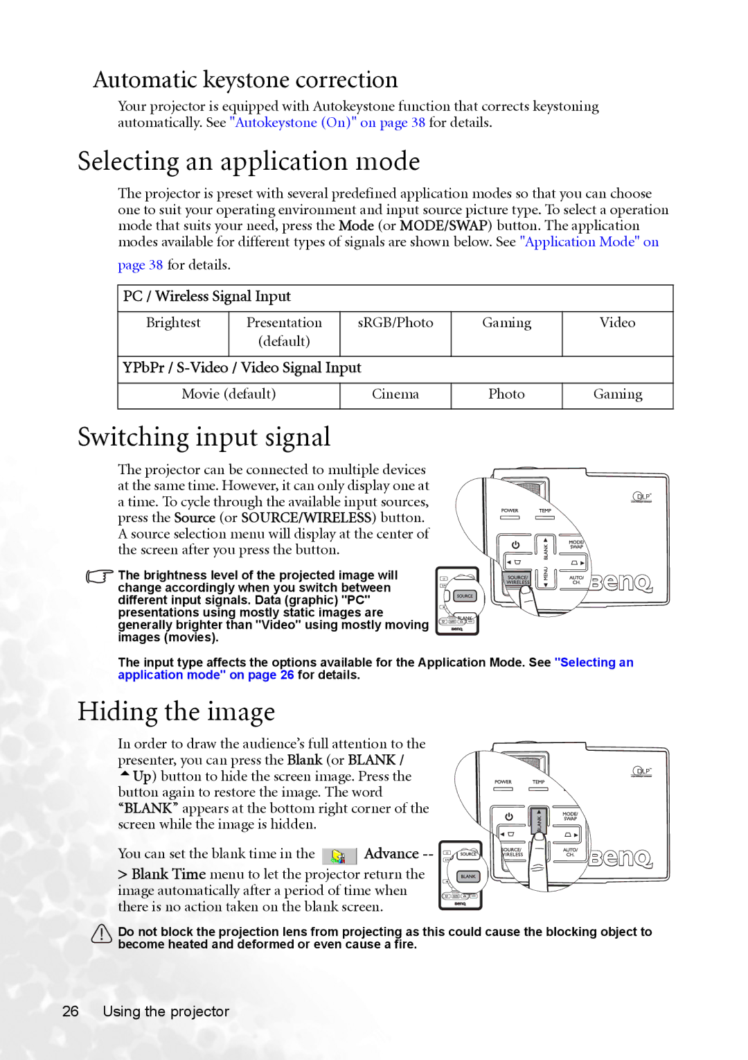 BenQ CP120 manual Selecting an application mode, Switching input signal, Hiding the image, Automatic keystone correction 