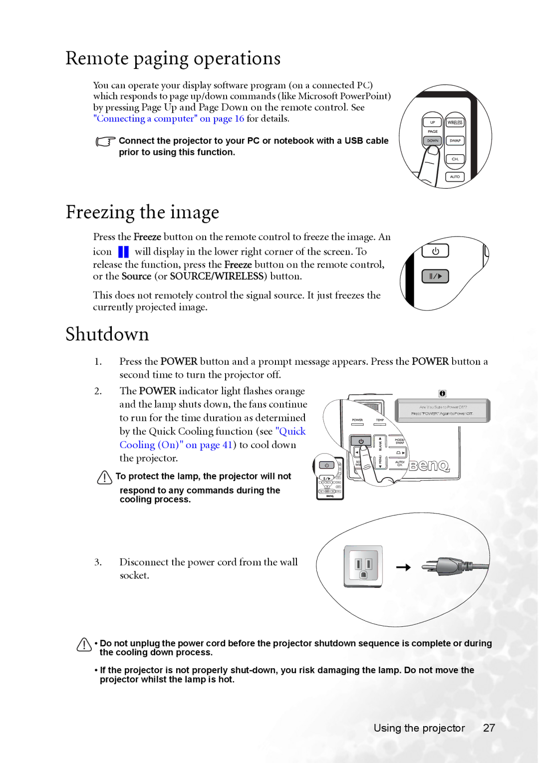 BenQ CP120 manual Remote paging operations, Freezing the image, Shutdown, Disconnect the power cord from the wall socket 