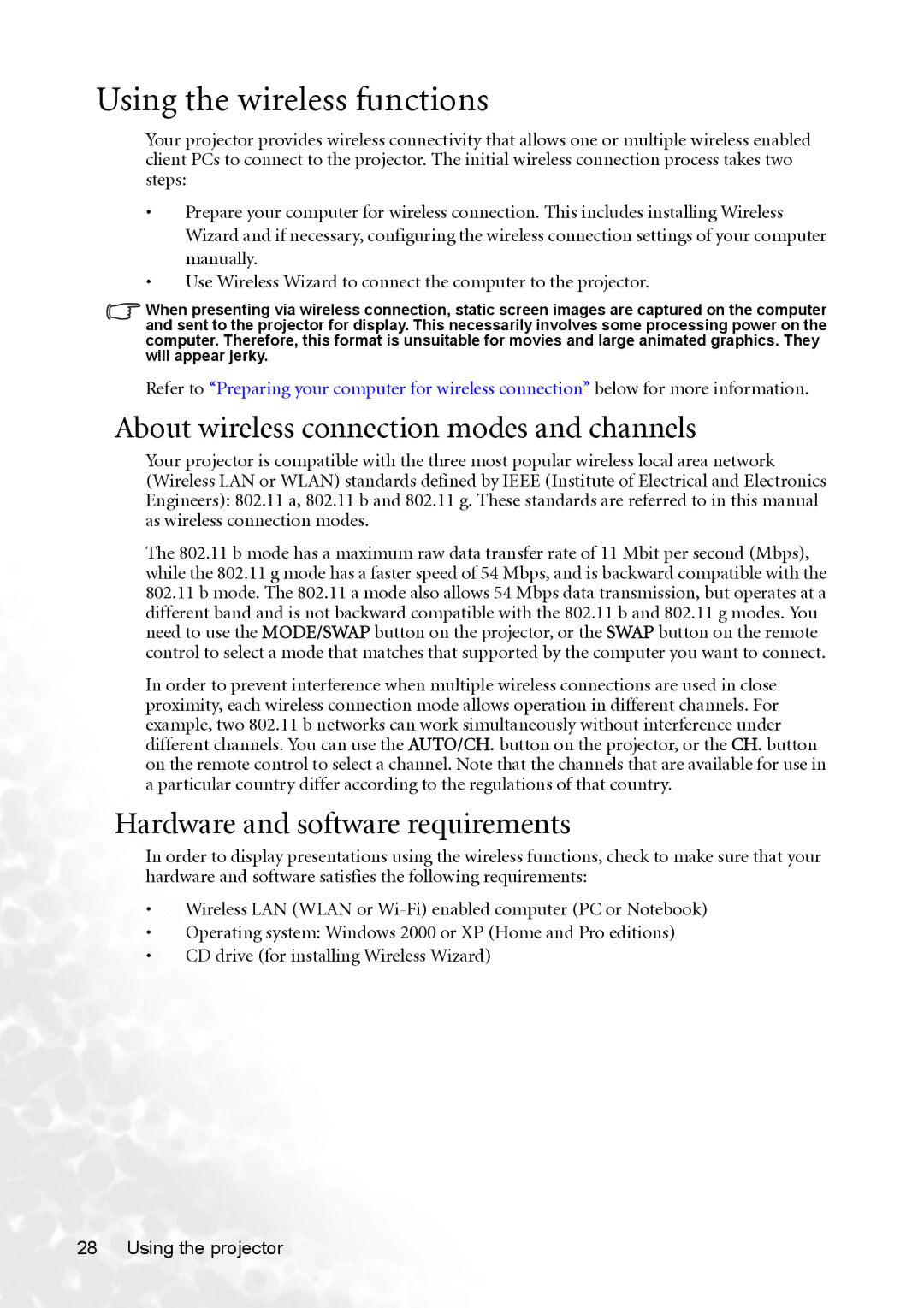 BenQ CP120 Using the wireless functions, About wireless connection modes and channels, Hardware and software requirements 