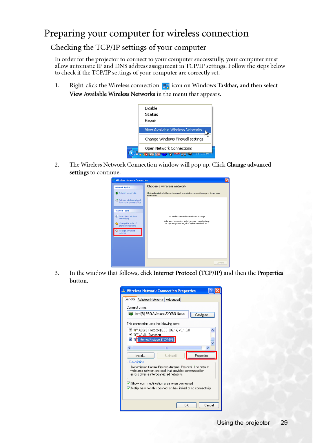 BenQ CP120 manual Preparing your computer for wireless connection, Checking the TCP/IP settings of your computer 