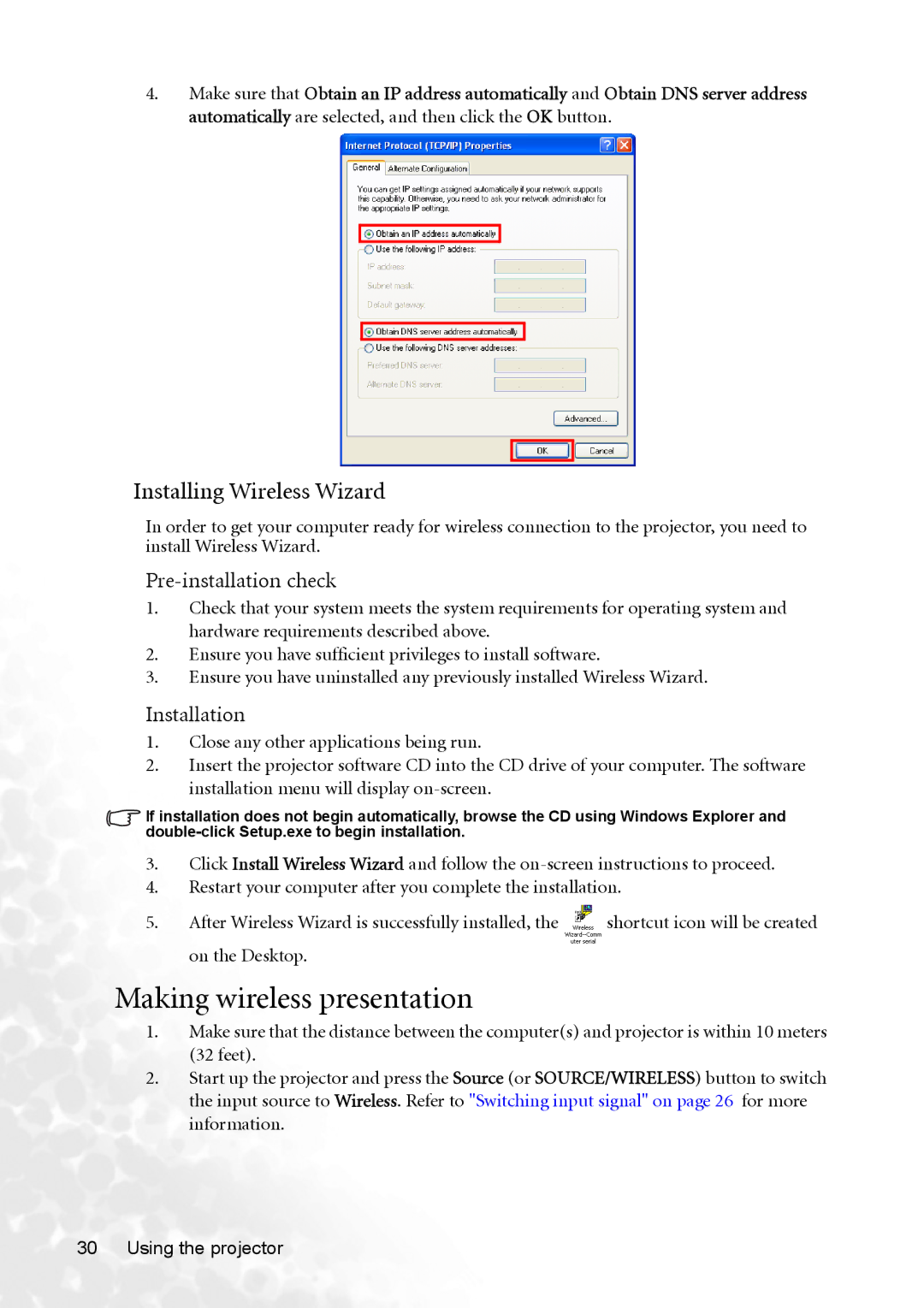 BenQ CP120 manual Making wireless presentation, Installing Wireless Wizard 