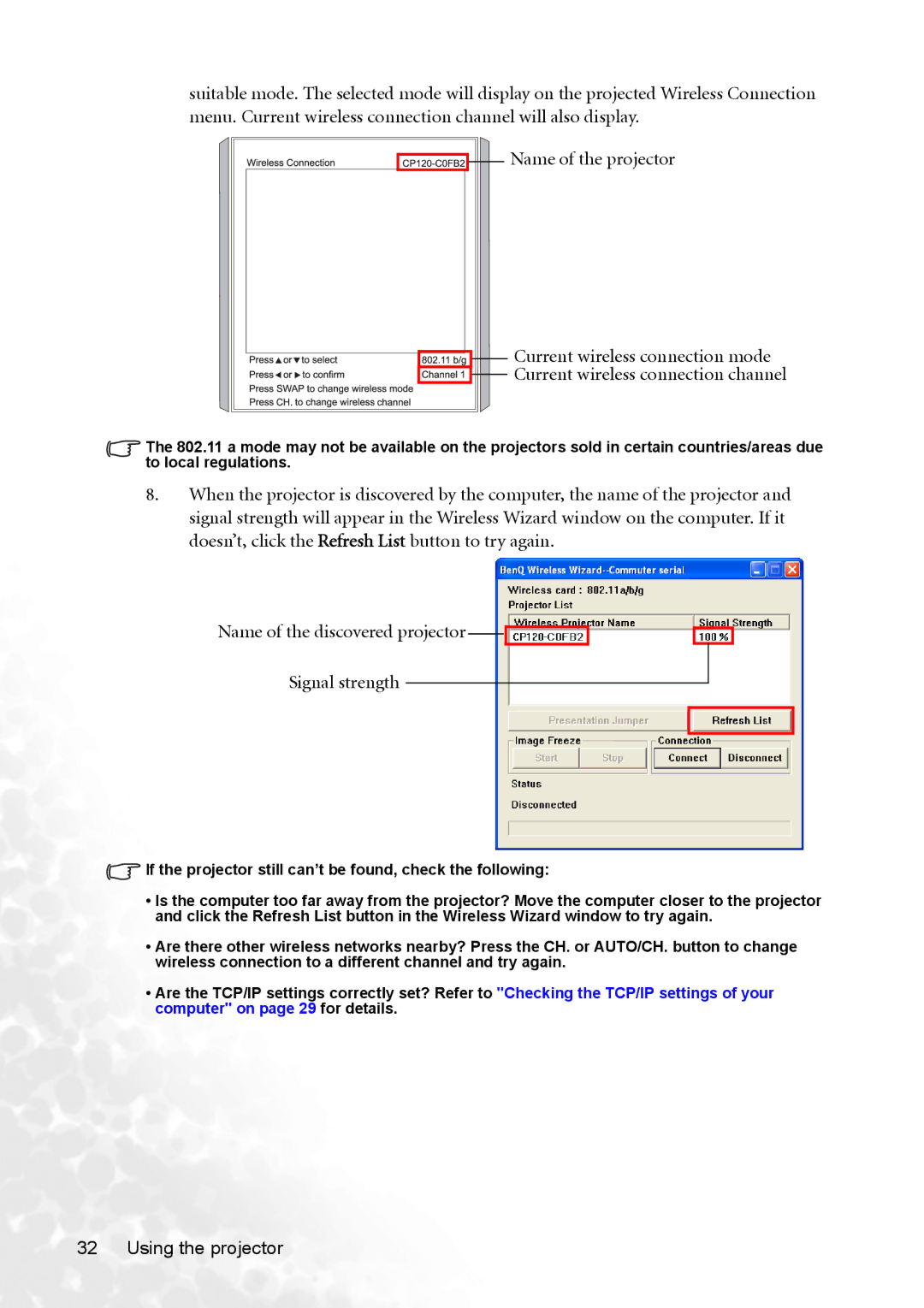 BenQ CP120 manual Current wireless connection channel 