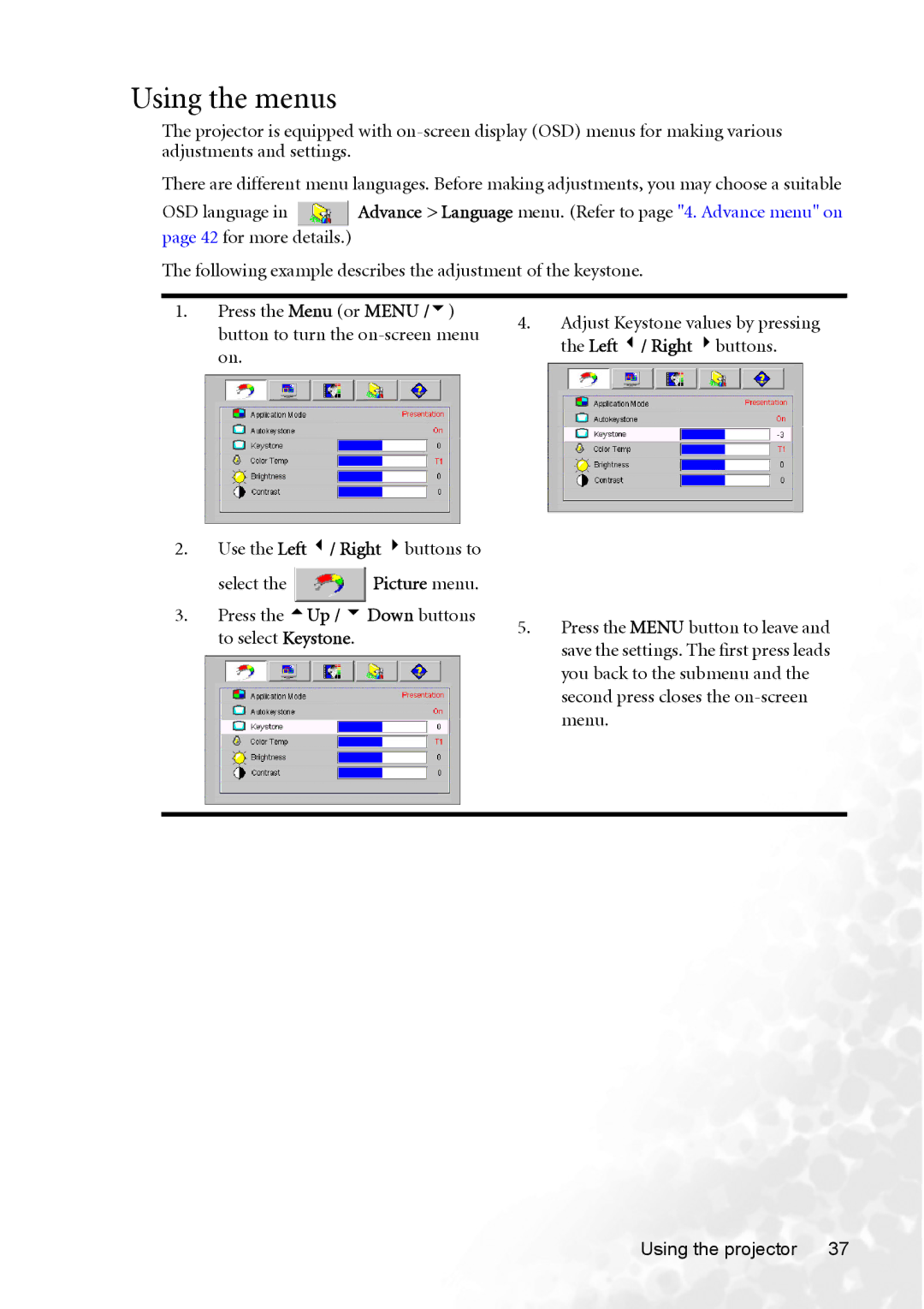 BenQ CP120 manual Using the menus 