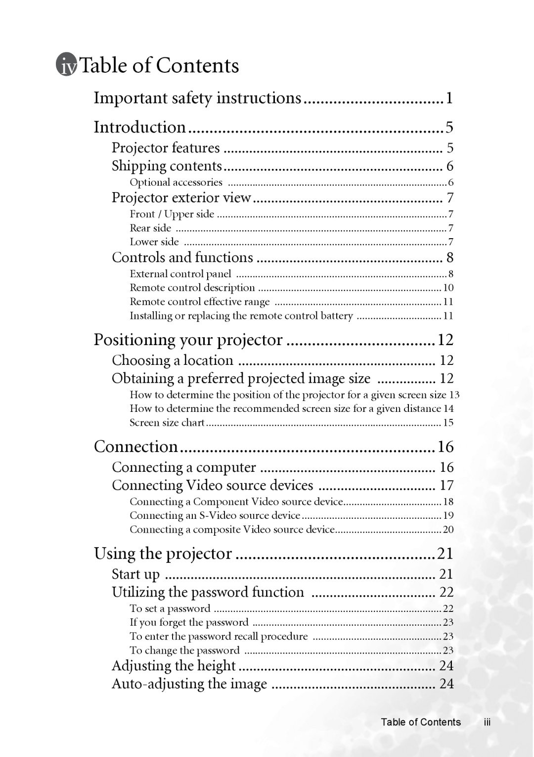 BenQ CP120 manual Table of Contents 