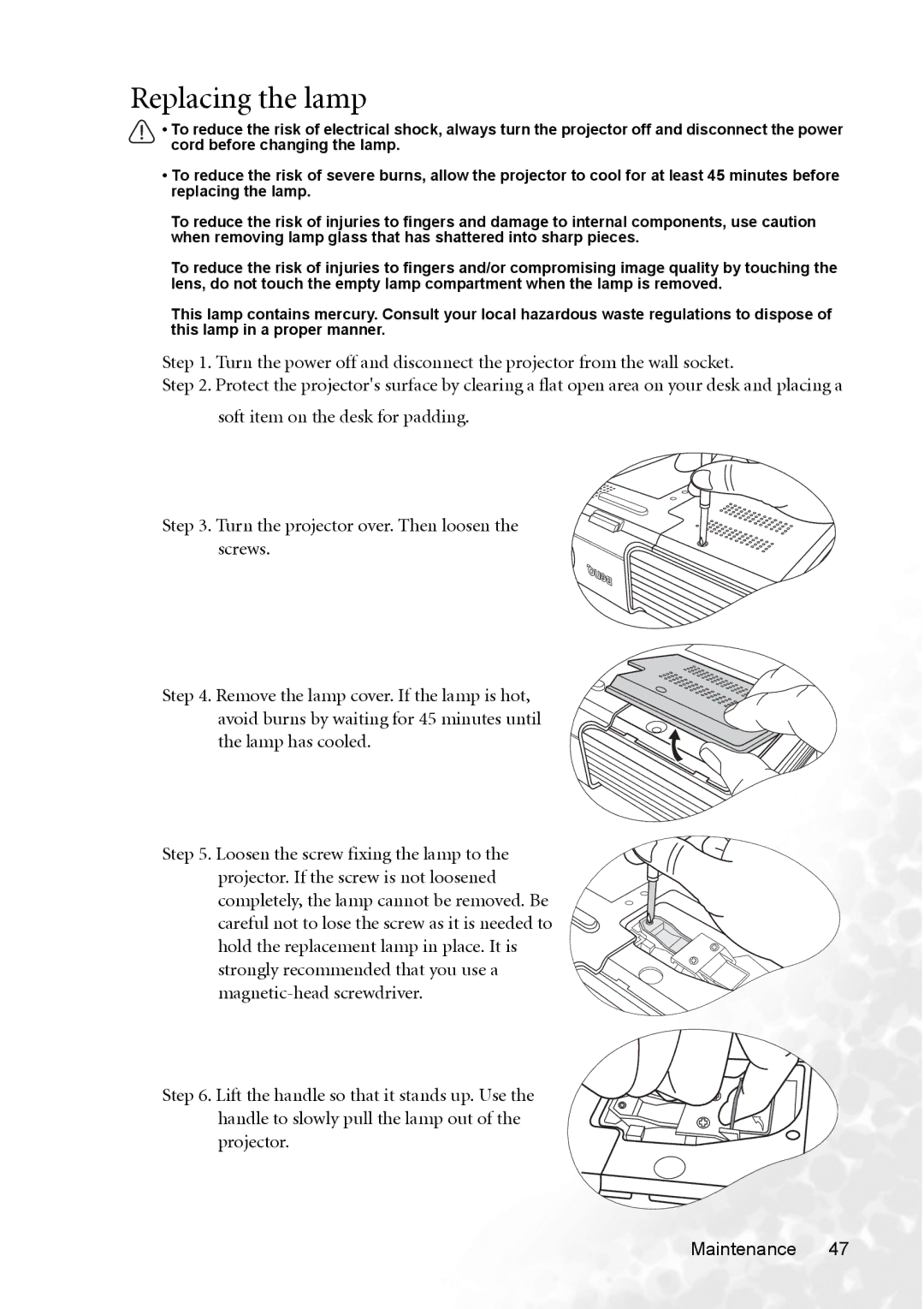 BenQ CP120 manual Replacing the lamp 