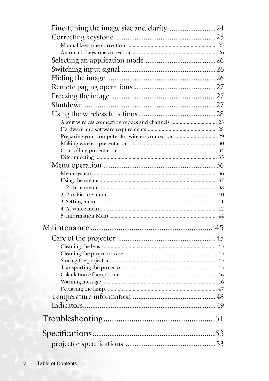 BenQ CP120 manual Fine-tuning the image size and clarity, Iv Table of Contents 