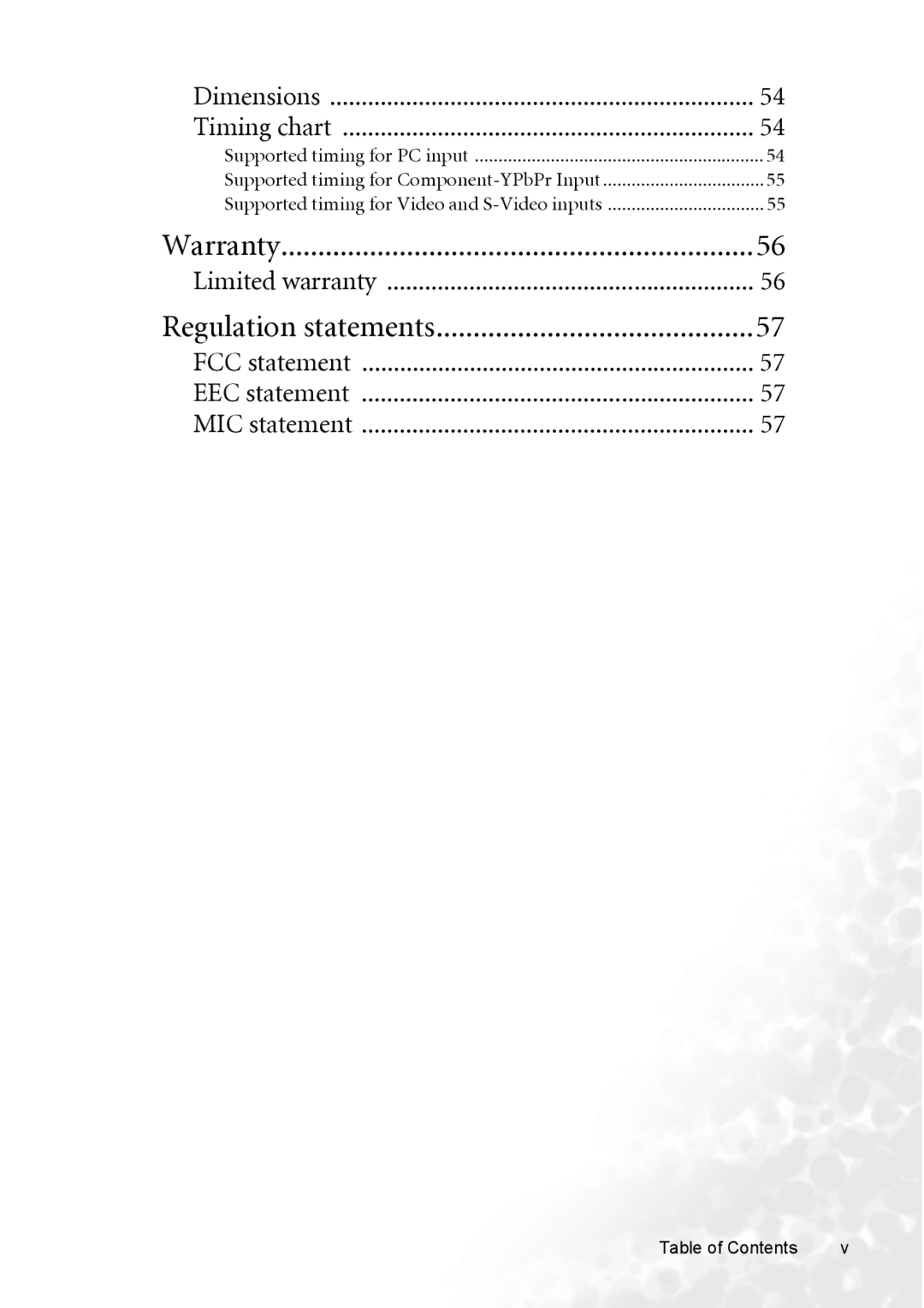 BenQ CP120 manual Dimensions Timing chart, Table of Contents 