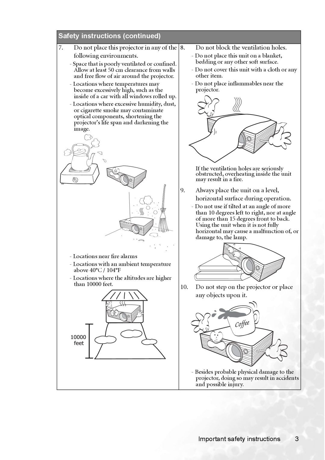 BenQ CP120 manual Safety instructions continued 