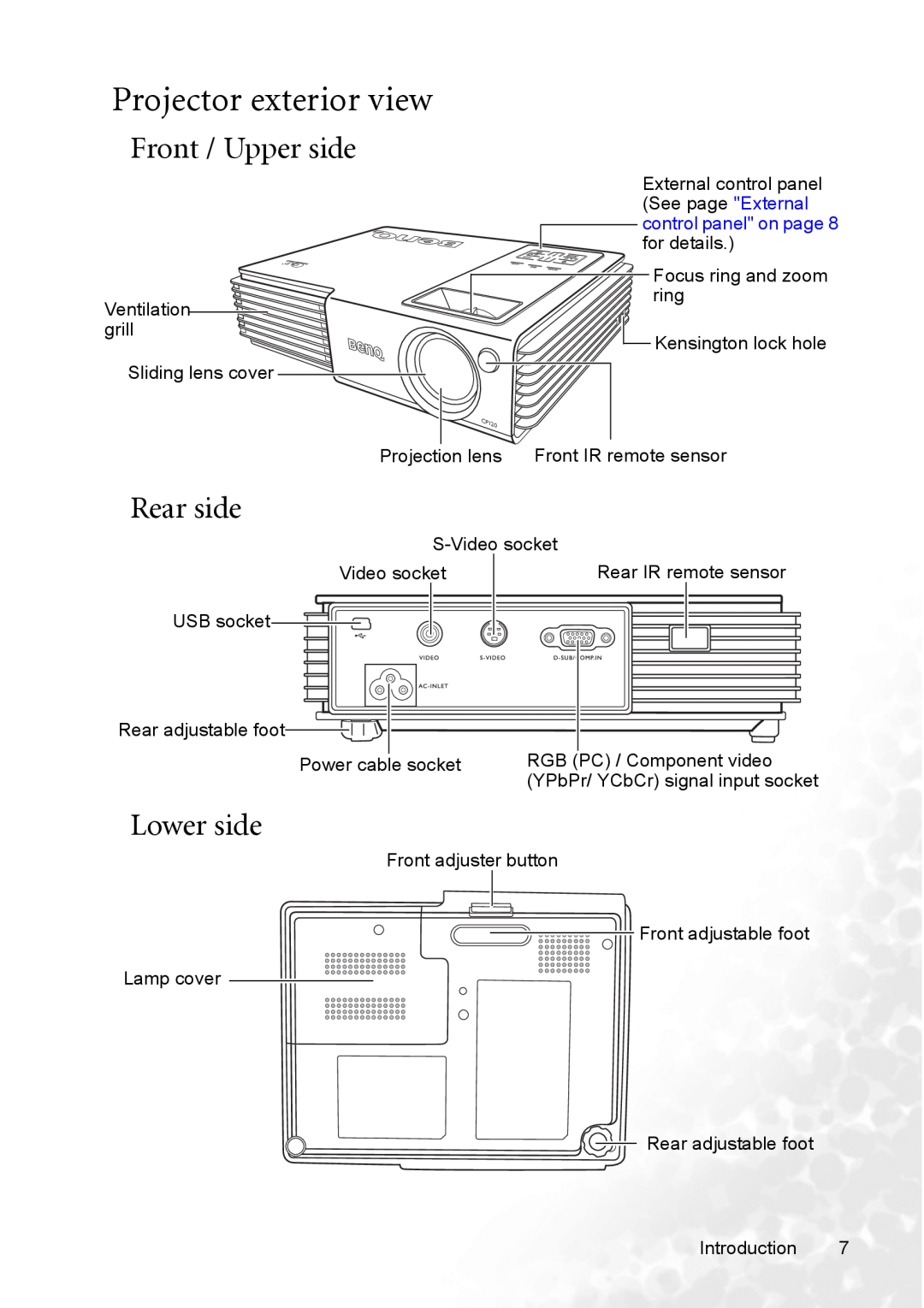 BenQ CP120 manual Projector exterior view, Front / Upper side, Rear side, Lower side 