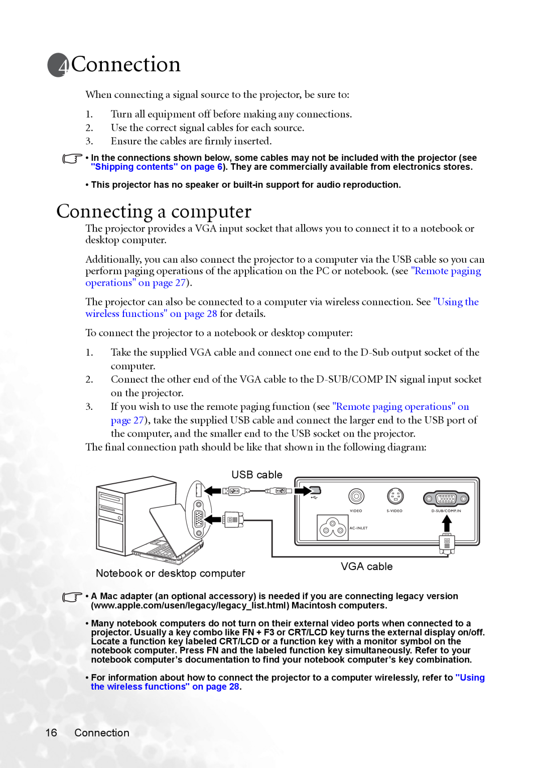 BenQ CP120 manual Connection, Connecting a computer 